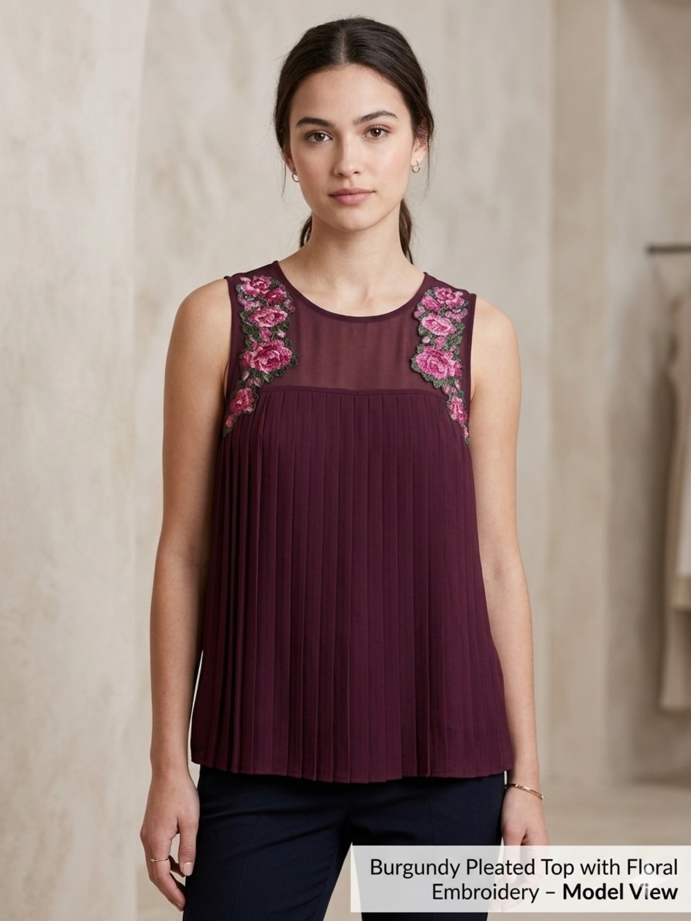 American Eagle Outfitters Burgundy Sleeveless Blouse with Pink Floral Appliqué